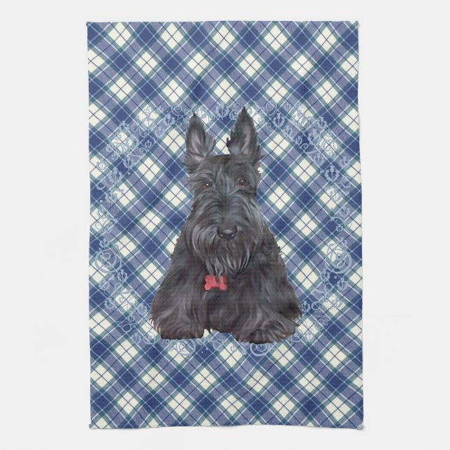 Scottish Terrier on Tartan Kitchen Towel (Vertical)