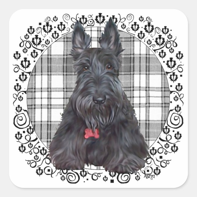 Scottish Terrier on Tartan Square Sticker (Front)