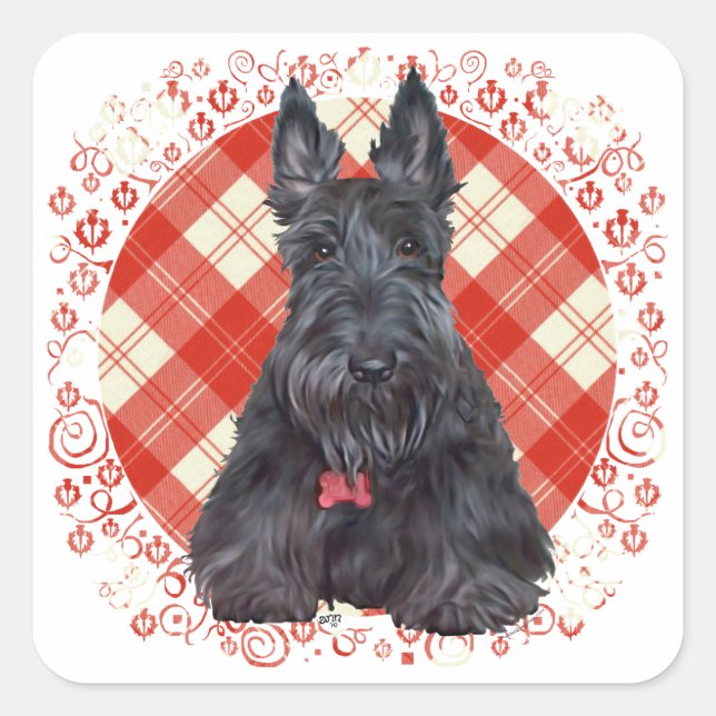Scottish Terrier on Tartan Square Sticker (Front)