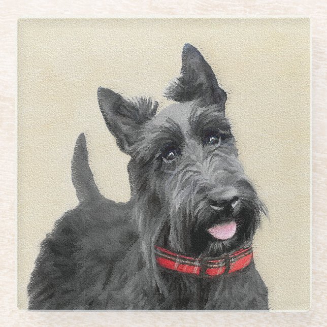 Scottish Terrier Painting - Cute Original Dog Art Glass Coaster (Front)