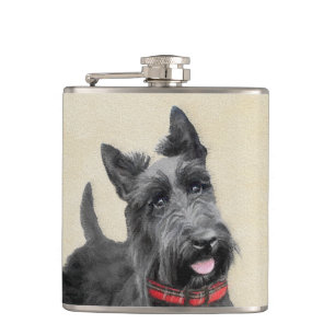 Scottish Terrier Painting - Cute Original Dog Art Hip Flask