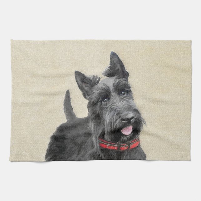 Scottish Terrier Painting - Cute Original Dog Art Kitchen Towel (Horizontal)