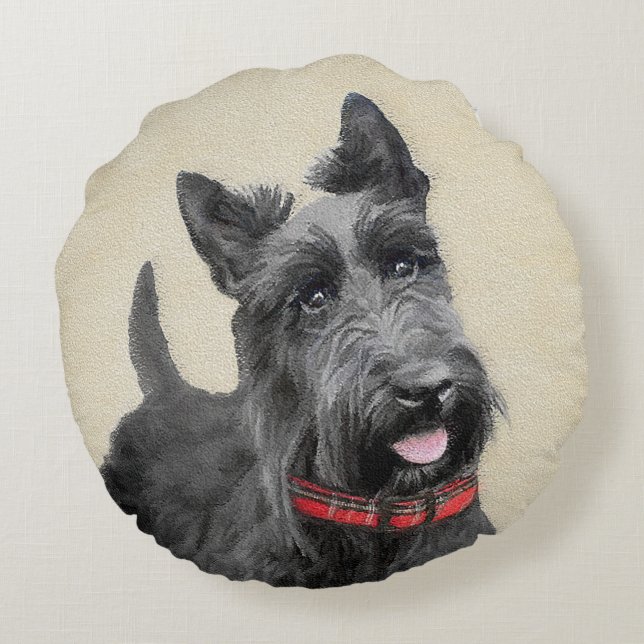 Scottish Terrier Painting - Cute Original Dog Art Round Pillow (Back)