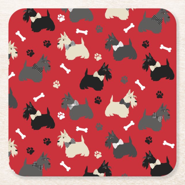 Scottish Terrier Paws and Bones Red Square Paper Coaster (Front)