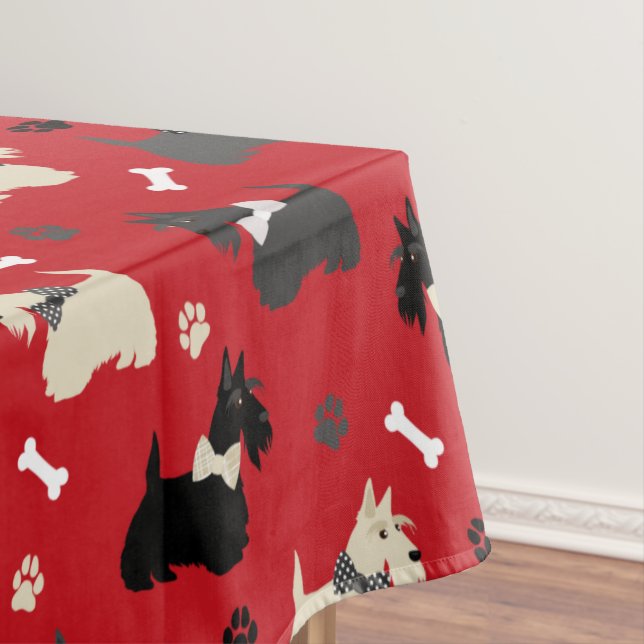 Scottish Terrier Paws and Bones Red Tablecloth (In Situ)