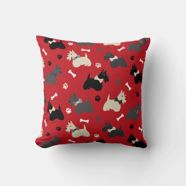 Scottish Terrier Paws and Bones Red Throw Pillow (Front)