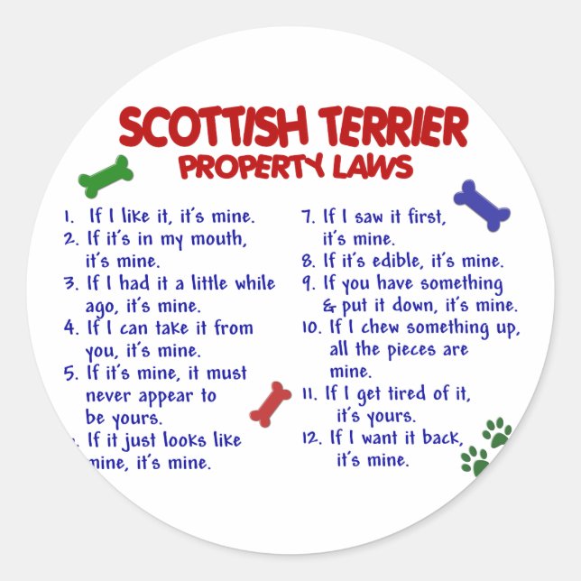 SCOTTISH TERRIER Property Laws 2 Classic Round Sticker (Front)