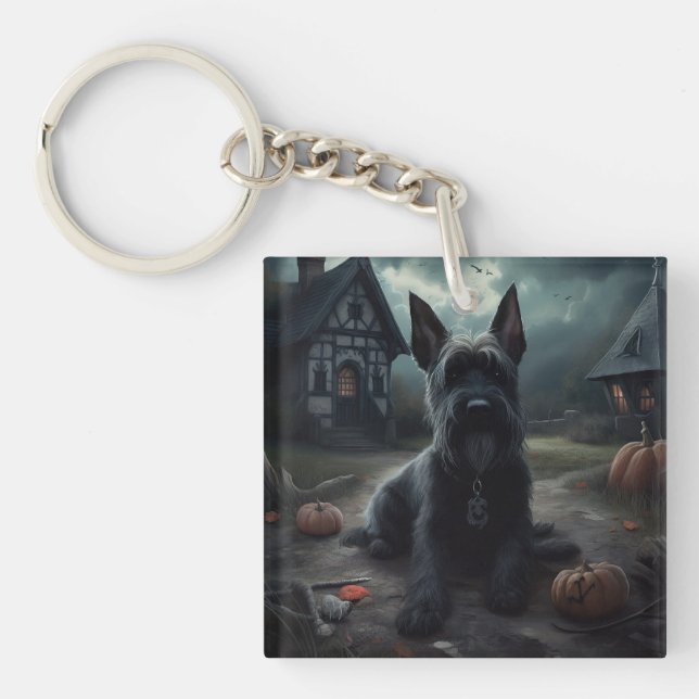 Scottish Terrier Pumpkins Halloween Scary Keychain (Front)