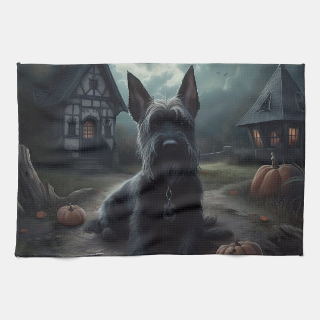 Scottish Terrier Pumpkins Halloween Scary Kitchen Towel (Horizontal)