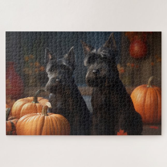 Scottish Terrier Puppy Autumn Delight Pumpkin Jigsaw Puzzle (Horizontal)