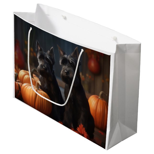 Scottish Terrier Puppy Autumn Delight Pumpkin Large Gift Bag (Front Angled)