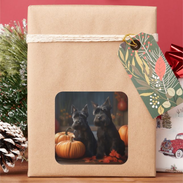 Scottish Terrier Puppy Autumn Delight Pumpkin Square Sticker (Holiday)