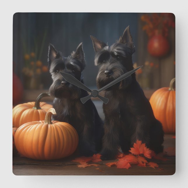 Scottish Terrier Puppy Autumn Delight Pumpkin Square Wall Clock (Front)