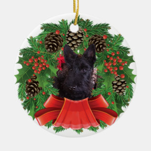 Scottish Terrier Puppy Christmas Holiday Wreath Ceramic Ornament