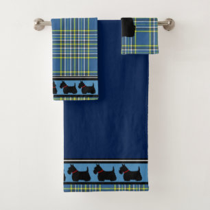 Scottish Terrier/red collar/blue plaid/border Bath Towel Set