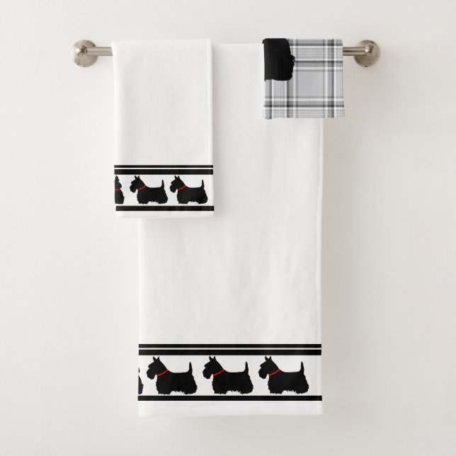 Scottish Terrier/red collar/grey plaid/border Bath Towel Set (Insitu)