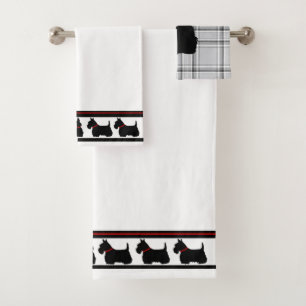 Scottish Terrier/red collar/grey plaid/border Bath Towel Set