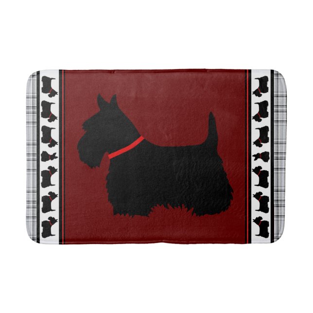 Scottish Terrier/red collar/grey plaid, red Bath Mat (Front)