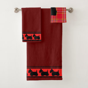 Scottish Terrier/red collar/red plaid/border Bath Towel Set