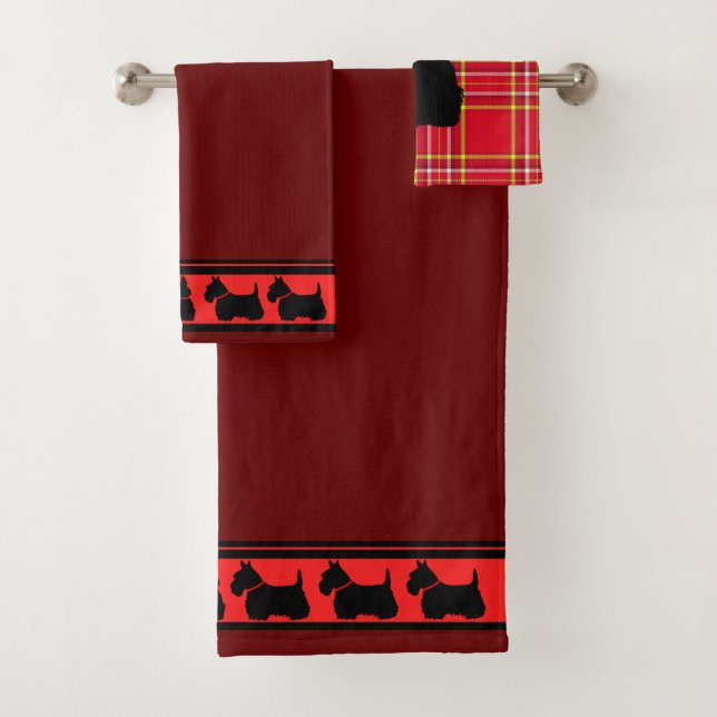 Scottish Terrier/red collar/red plaid/border Bath Towel Set (Insitu)
