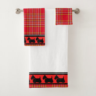 Scottish Terrier/red collar/red plaid/border Bath Towel Set