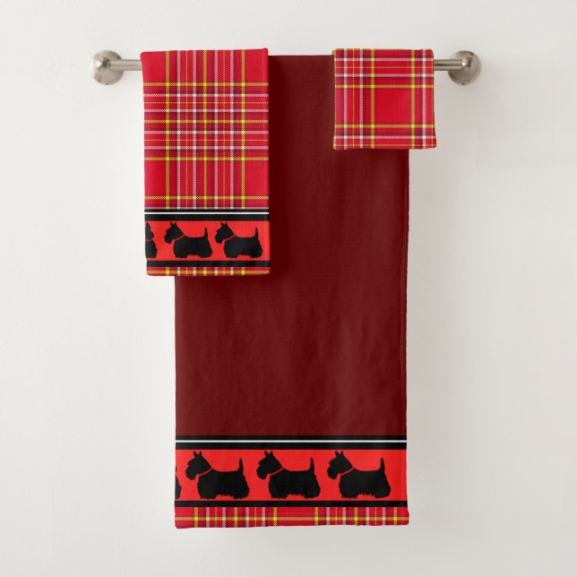 Scottish Terrier/red collar/red plaid/border Bath Towel Set (Insitu)