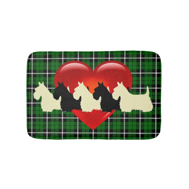 Scottish Terrier/red heart/Island green plaid Bath Mat (Front)