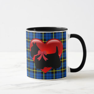 Scottish Terrier, red heart/love Bright blue plaid Mug