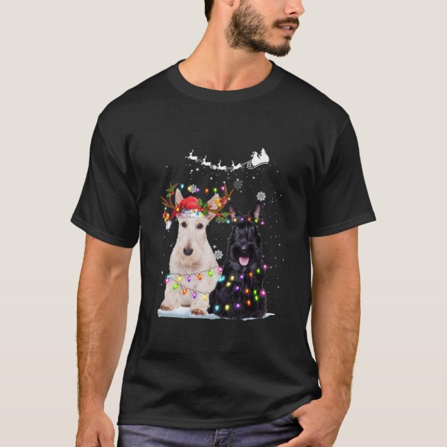 Scottish Terrier Reindeer Santa Hat Xmas Lights Ch T-Shirt (Front)