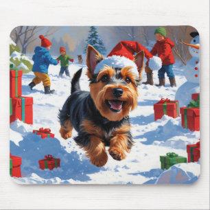 Scottish Terrier Running Snow with Christmas Hat Mouse Pad