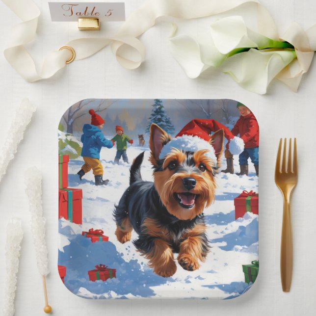 Scottish Terrier Running Snow with Christmas Hat Paper Plate (Wedding)