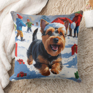 Scottish Terrier Running Snow with Christmas Hat Throw Pillow