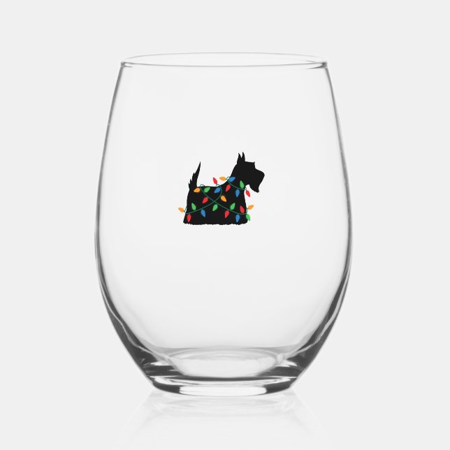 Scottish Terrier Scottie Dog Christmas Lights Gift Stemless Wine Glass (Front)