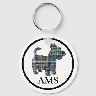 Scottish Terrier Scottie Dog Silhouette Y&B Grid Keychain