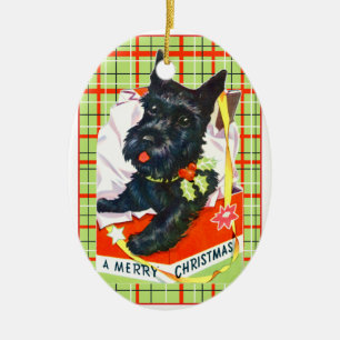 Scottish Terrier Scottie Dog with gift and plaid Ceramic Ornament