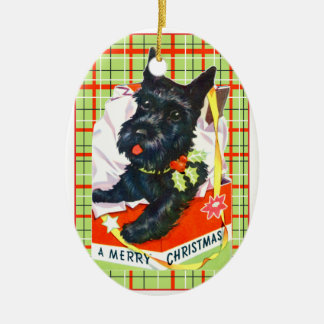 Scottish Terrier Scottie Dog with gift and plaid Ceramic Ornament