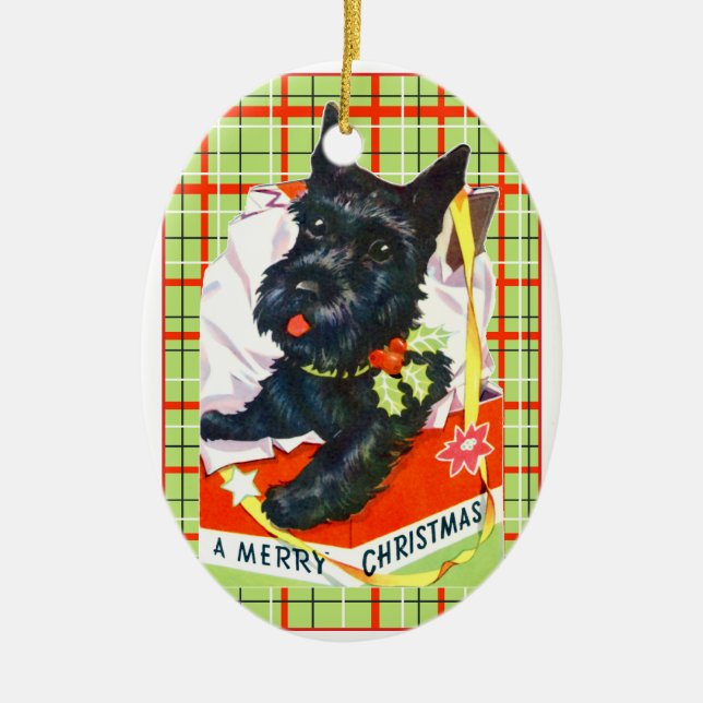 Scottish Terrier Scottie Dog with gift and plaid Ceramic Ornament (Front)
