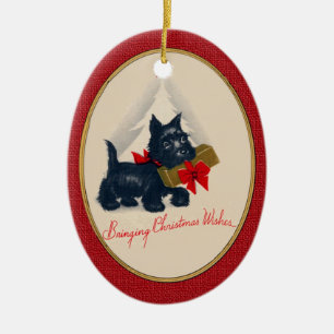 Scottish Terrier Scottie Dog with gift and tree Ceramic Ornament