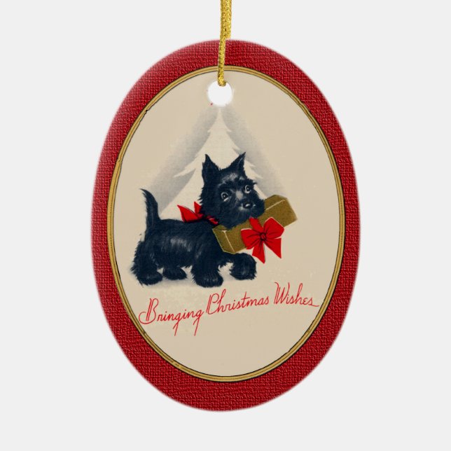 Scottish Terrier Scottie Dog with gift and tree Ceramic Ornament (Front)