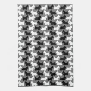 Scottish Terrier silhouette, black/white/grey Kitchen Towel
