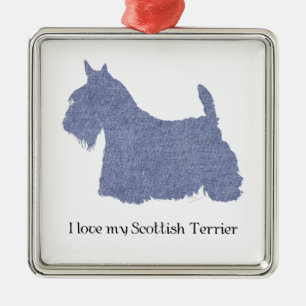Scottish Terrier Silhouette in Denim Metal Ornament