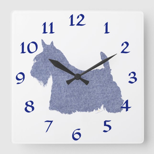 Scottish Terrier Silhouette in Denim Square Wall Clock (Front)