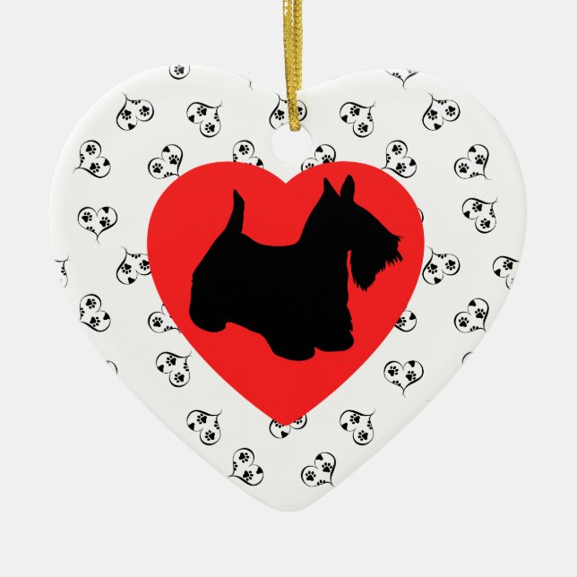 Scottish Terrier Silhouette with Hearts Ceramic Ornament (Front)