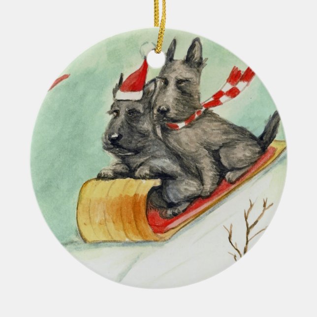 Scottish Terrier Sleigh Ride Art Ornament (Front)