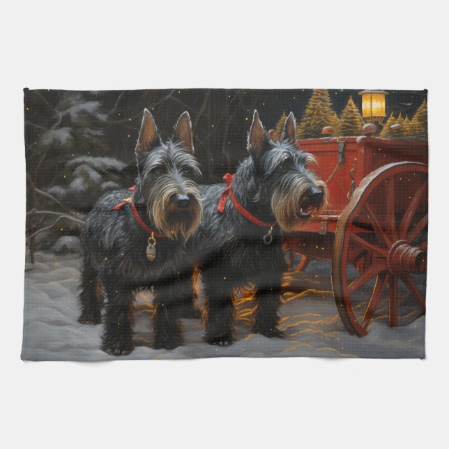 Scottish Terrier Snowy Sleigh Christmas Decor  Kitchen Towel (Horizontal)