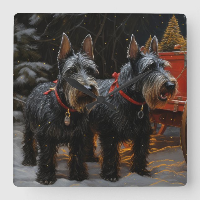 Scottish Terrier Snowy Sleigh Christmas Decor  Square Wall Clock (Front)