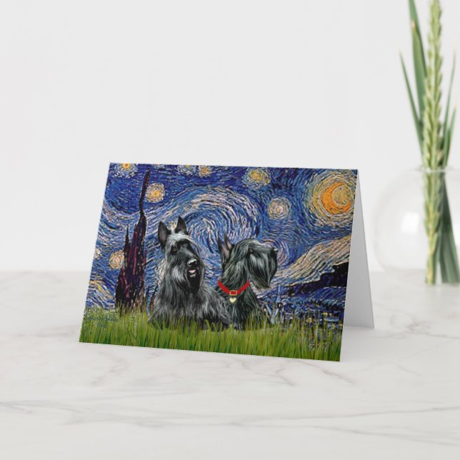 Scottish Terrier (two blk) - Starry Night Card (Front)