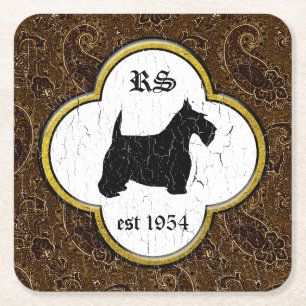Scottish Terrier Vintage Paisley Personalize Square Paper Coaster