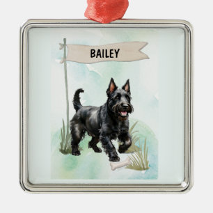 Scottish Terrier Watercolor Personalized Dog Metal Ornament