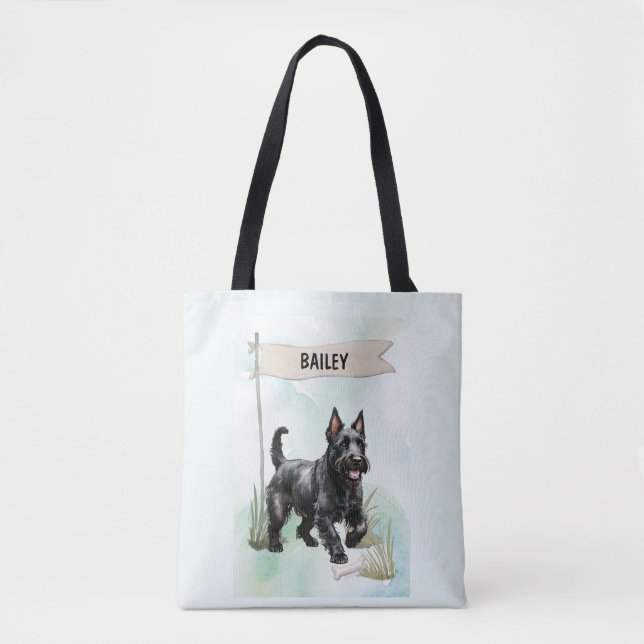 Scottish Terrier Watercolor Personalized Dog Tote Bag (Front)